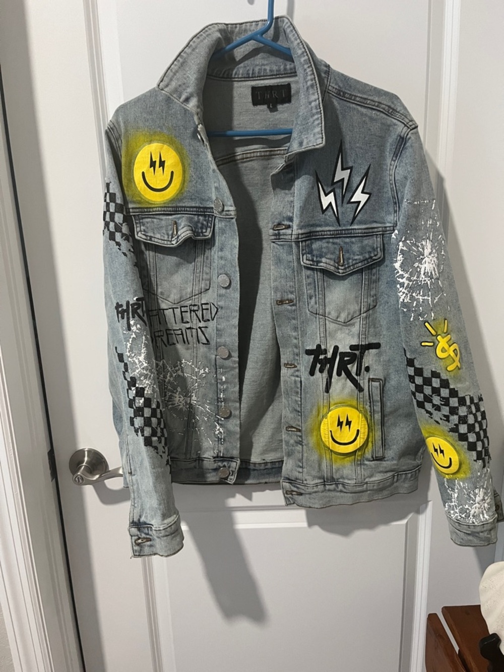 THRT Light Blue Denim Top with Black Logo Tag Trending Unisex Sz L
